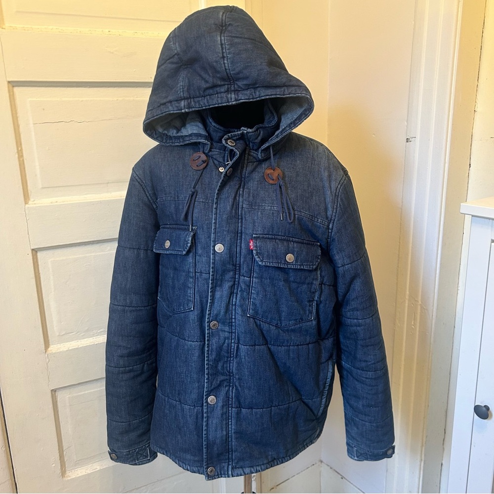 Levi Strauss Denim Trucker Puffer Hooded Jacket Dark Wash XL Streetwear